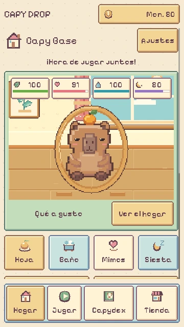 A capybara playing with a hoop in the development version of Capy Drop.