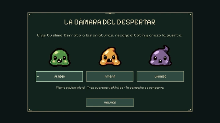 The character selection screen shows green, amber and purple slimes.